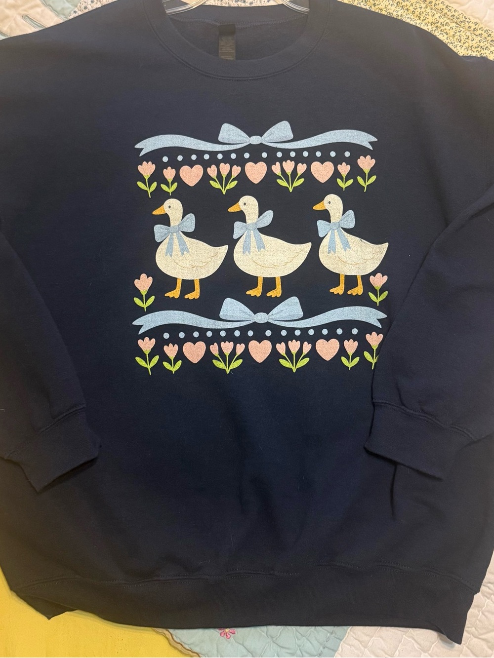 Cottage Core Navy Country Goose, Hearts and Ribbons Sweatshirt